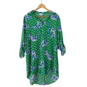 Top It Off Tiger Print Tunic Dress S/M Green Roll Tab Whimsical Animal Resort